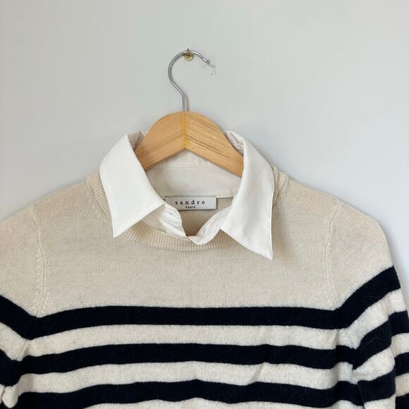 Sandro Cashmere-Wool Striped Shirt Sweater Sky - Picture 5 of 11